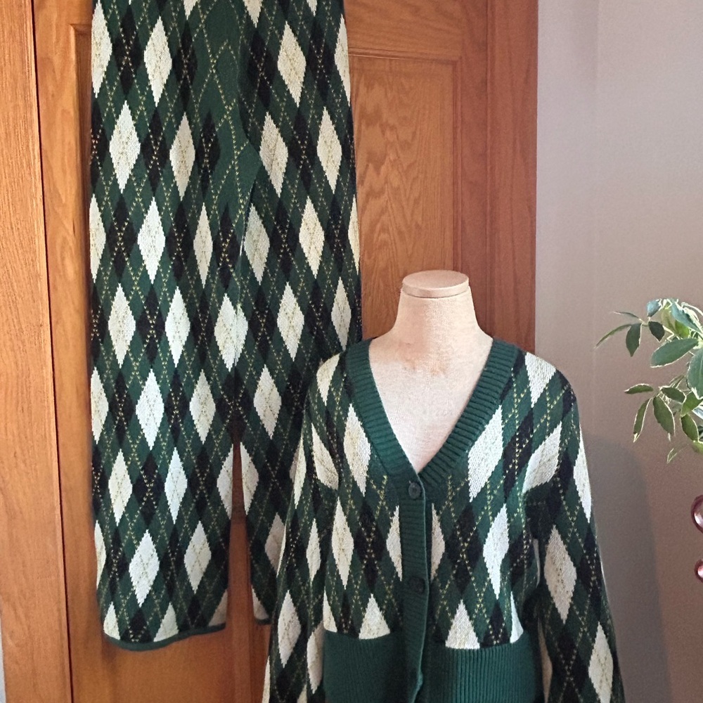 STAUD Green and Cream Argyle Cardigan Set